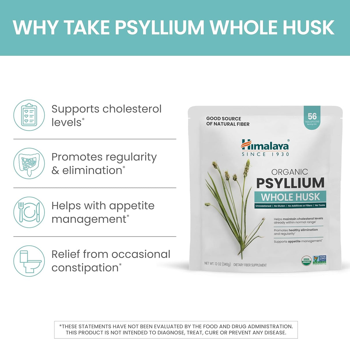 Psyllium Husk Orgánico Himalaya, Suplemento de Fibra, 12 Oz
