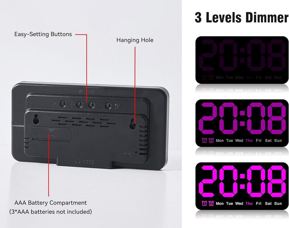 Reloj Digital Grande, Alarma Doble, 3 Niveles de Brillo
