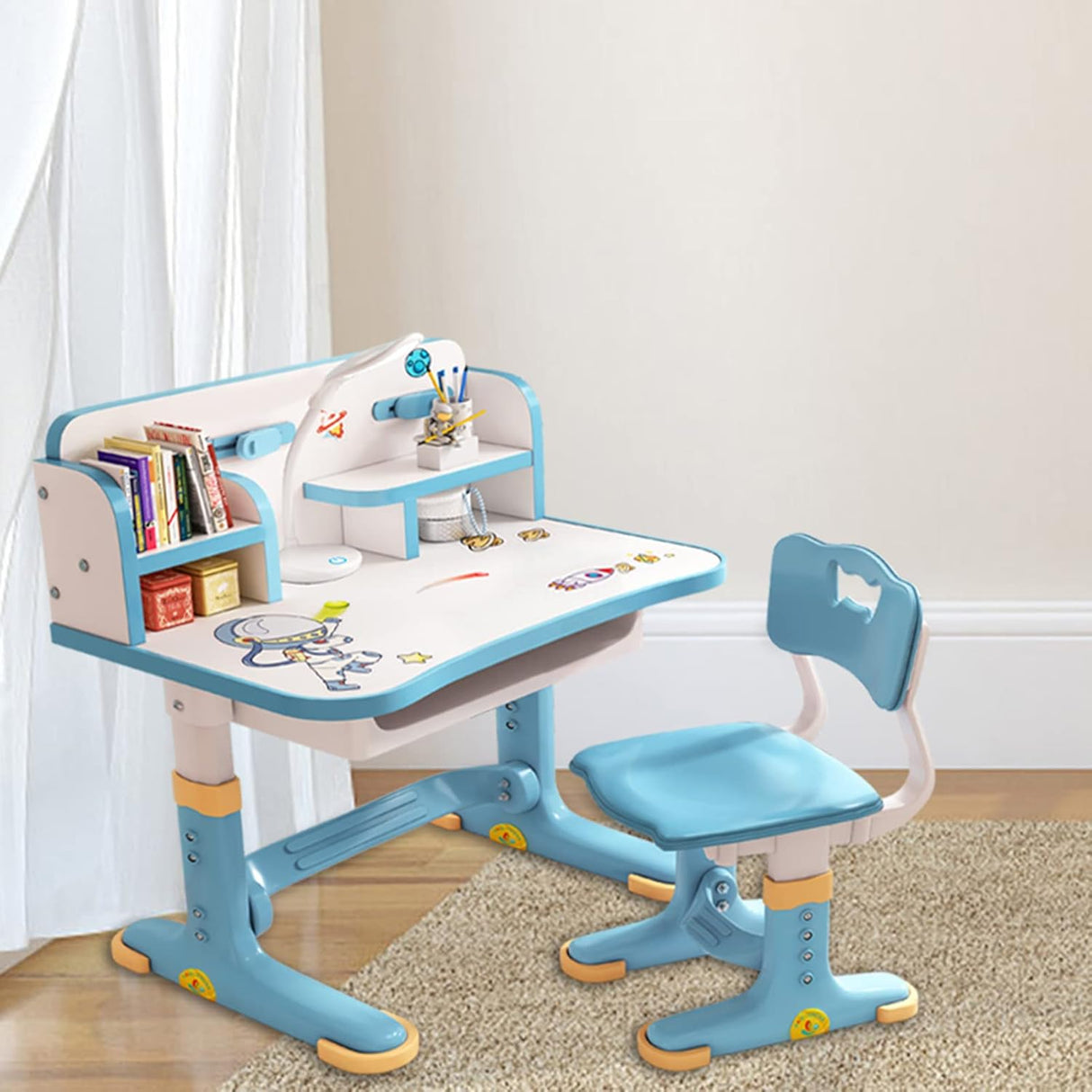 Escritorio y silla ajustables para niños con cajón y patrón.
