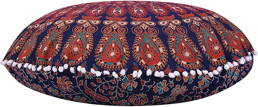 Funda bohemia para cojín, de 32 pulgadas, con diseño de mandala, para meditación, decorativa, otomana, grande, para exteriores, decoración del hogar, decoración de arte en el hogar, redonda, con pompones de algodón, cómoda