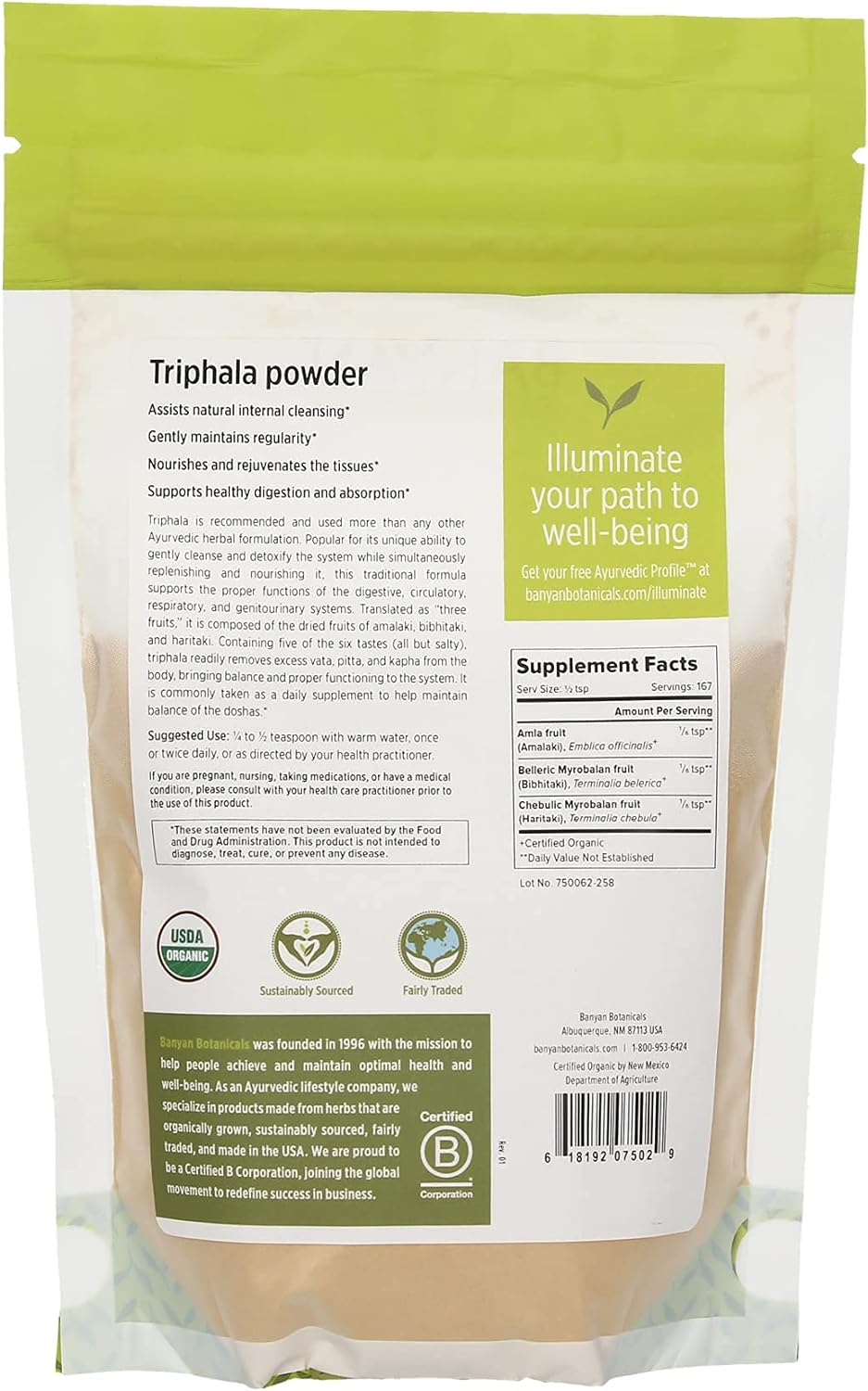 Suplemento Banyan Botanicals Triphala en polvo orgánica