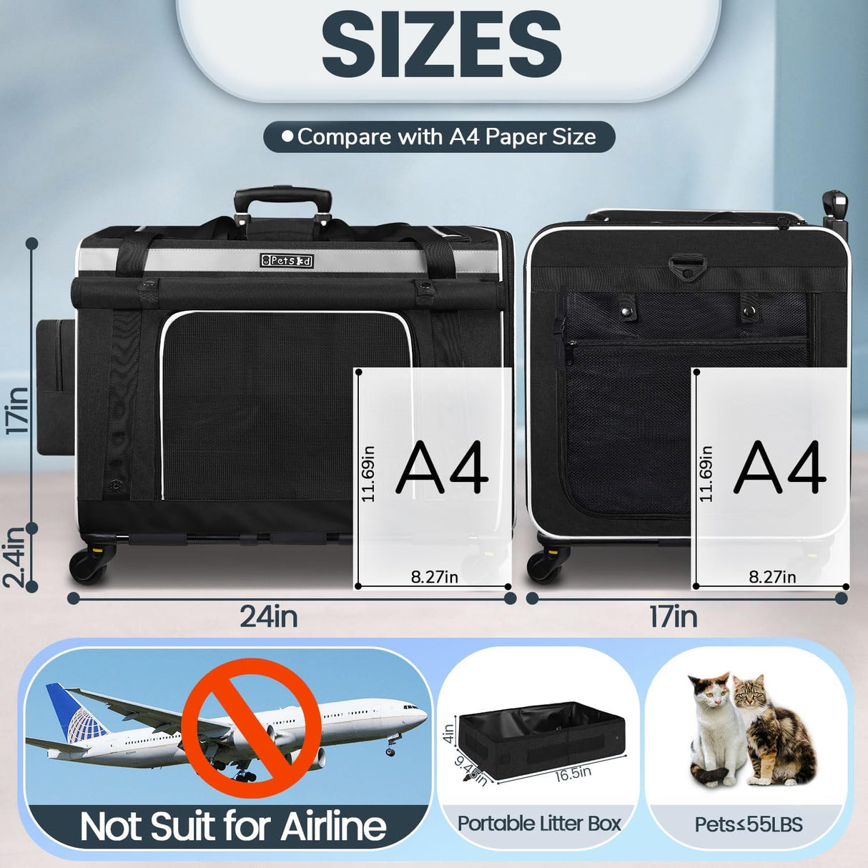 Transportín Extra Grande para Gatos Petskd con Ruedas y Caja