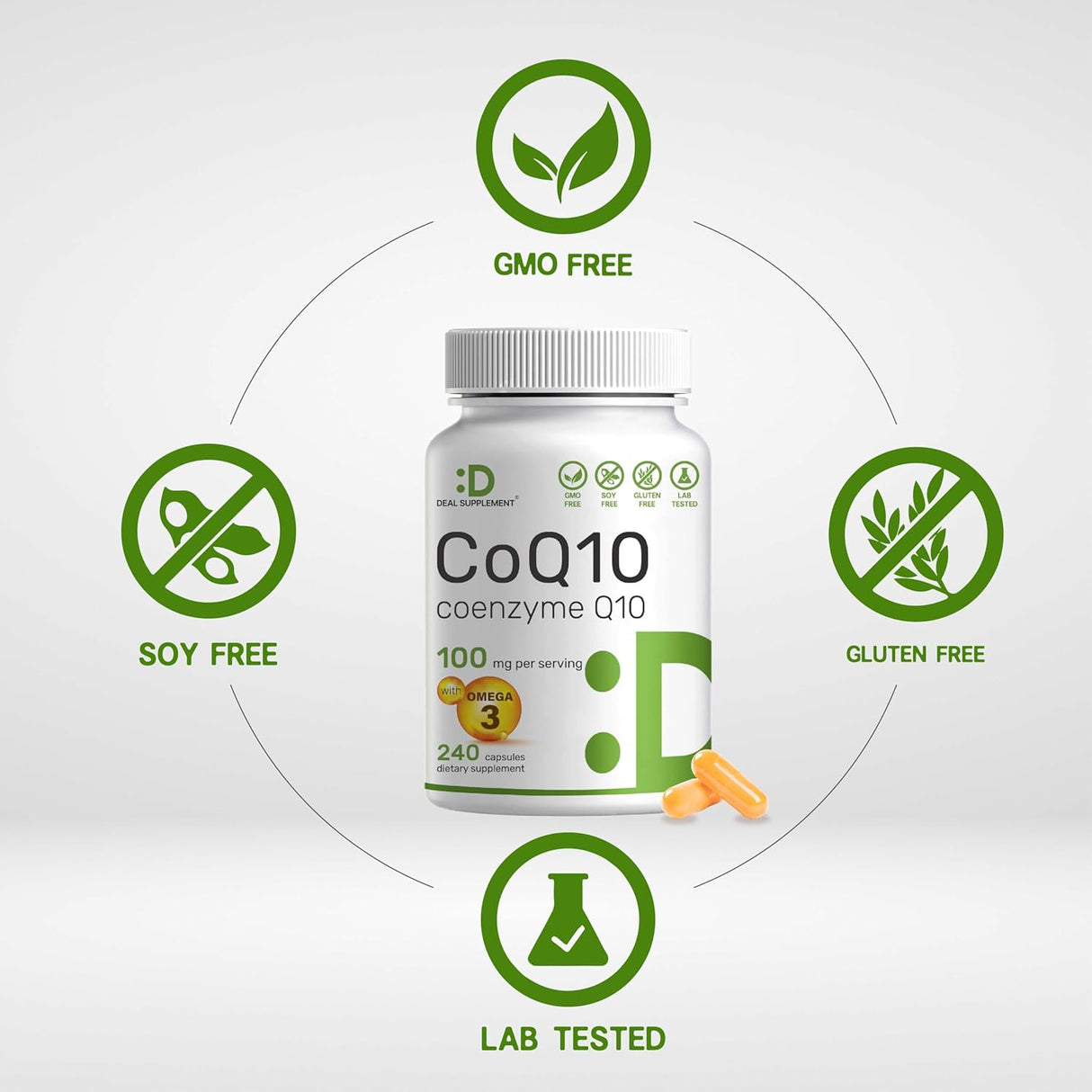 Suplemento CoQ10 100mg, Omega 3, Antioxidante, 240 cápsulas