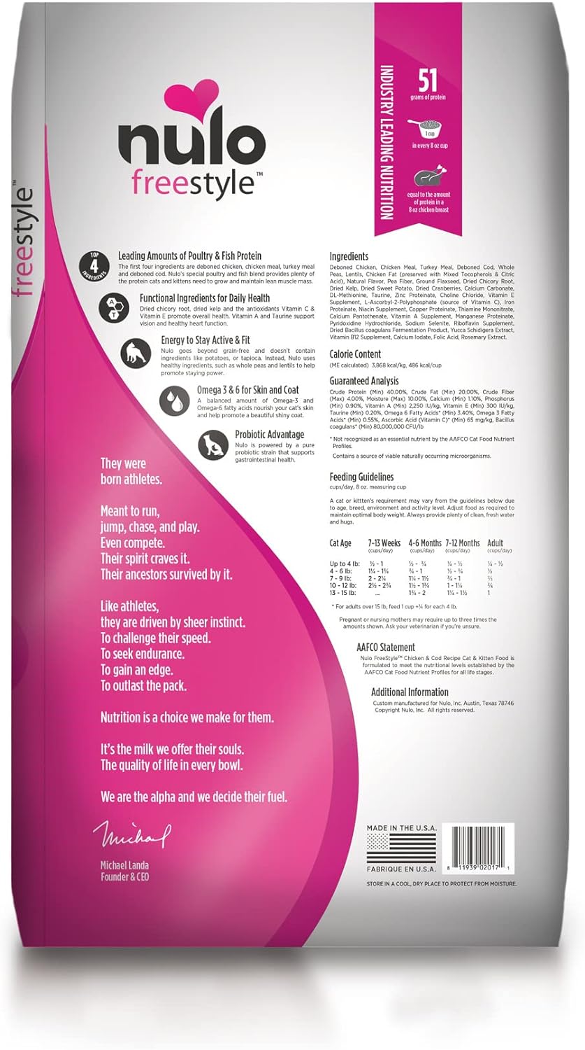 Nulo Freestyle - Alimento para gatos y gatitos, alimento seco de alta calidad sin granos para gatos, con alto contenido de proteínas a base de animales con probiótico BC30 para apoyo a la salud digestiva, 4 libras (paquete de 1)