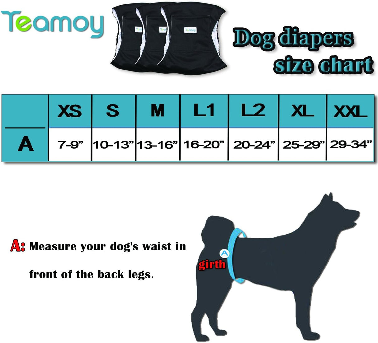 Teamoy -Pañales reutilizables perros machos Negro -3unidades