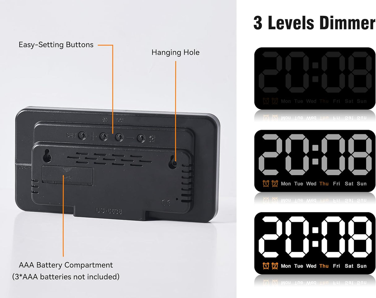 Reloj Digital Grande con Alarma, Números Grandes y Brillo Ajustable