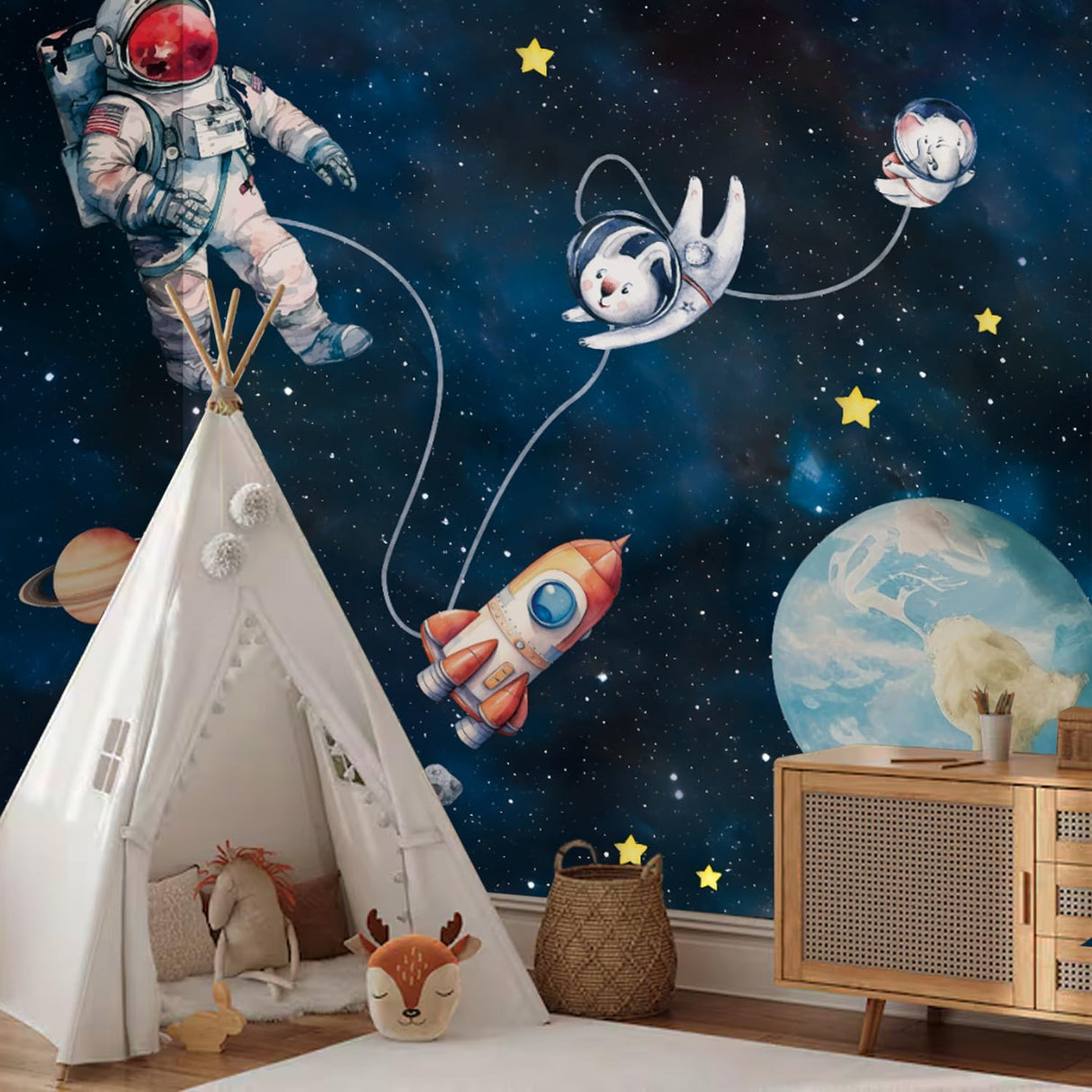 Mural infantil FWIEXA cohete conejo espacio 141x96 (no pegajoso)