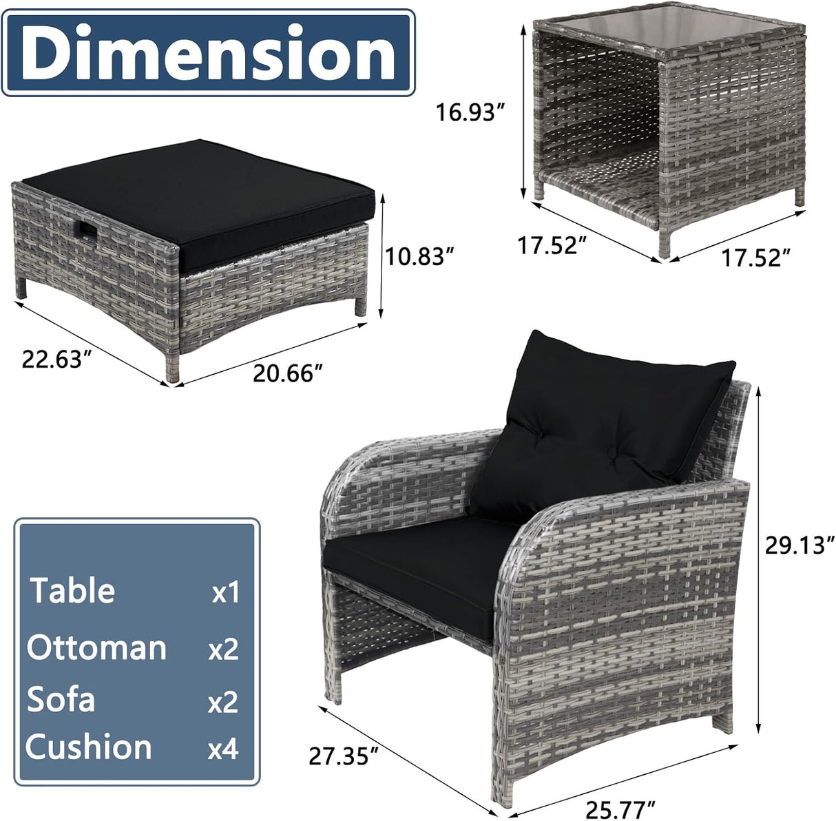 FYRICKYLINOO Juego de 5 sillas de mimbre para patio al aire libre con otomana, juego de muebles de conversación de patio con otomana debajo de todo tipo de clima, ratán de polietileno para todo tipo