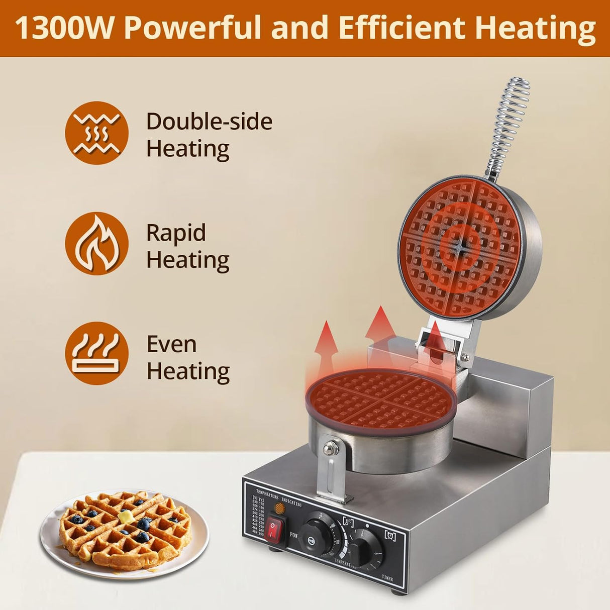 Máquina de Waffles Comercial 110V 1300W Acero Inoxidable
