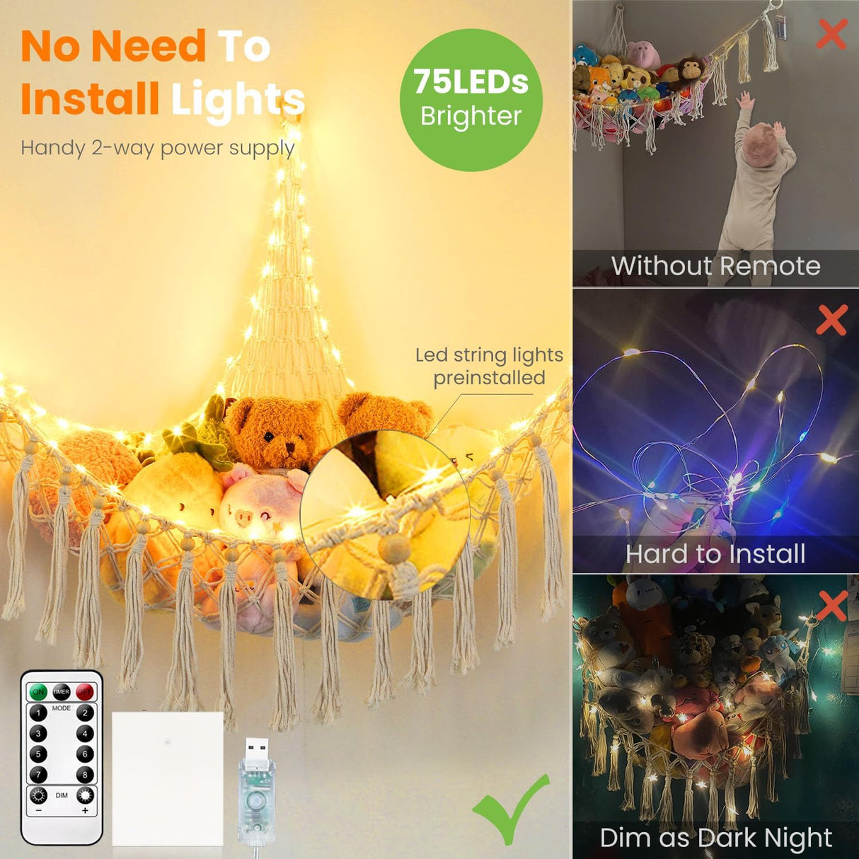 Hamaca para Juguetes XL con 75 LEDs, Macrame, USB, Modelo XL