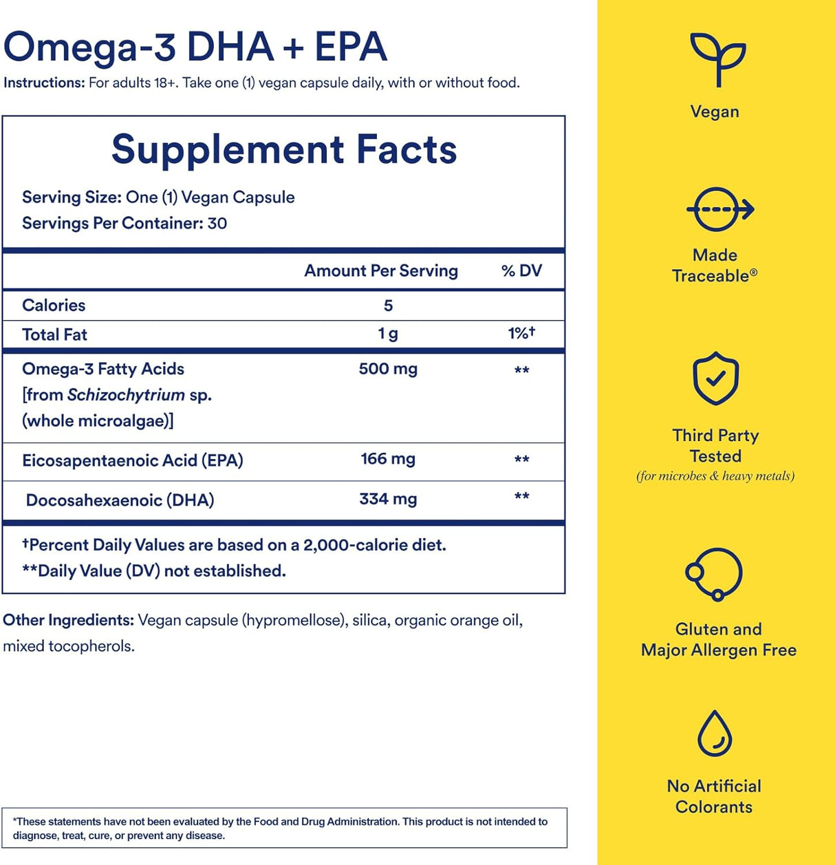 Omega 3 DHA y EPA Vegano - Microalgas Sostenibles, 30 Días