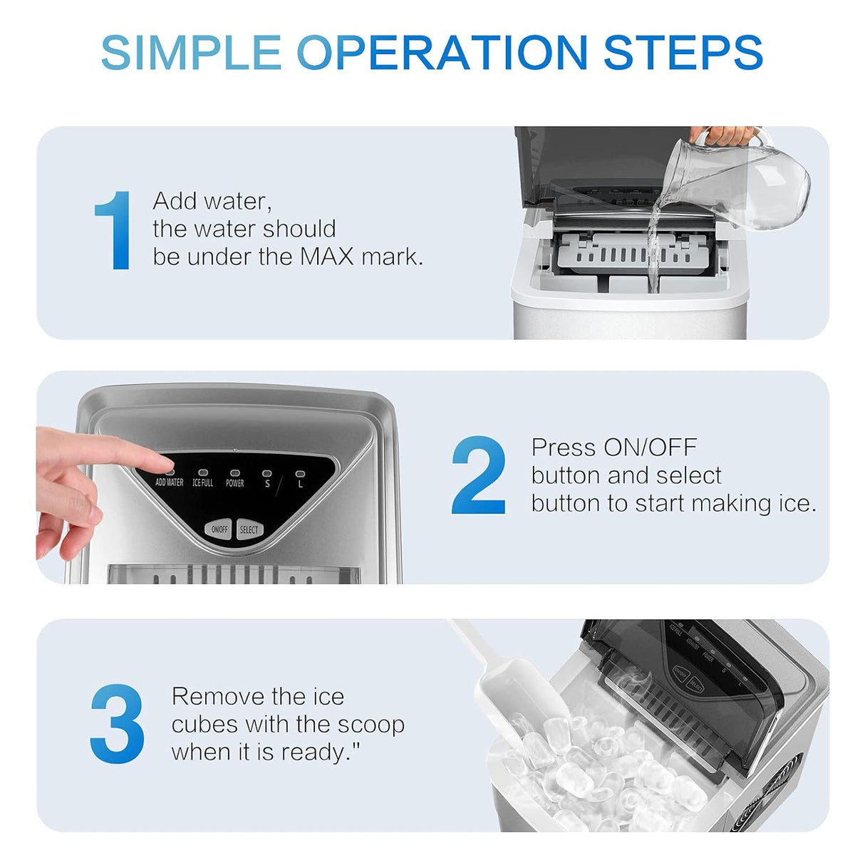 Máquina de Hielo Portátil, Autolimpiante, 26lbs/24h, Silver