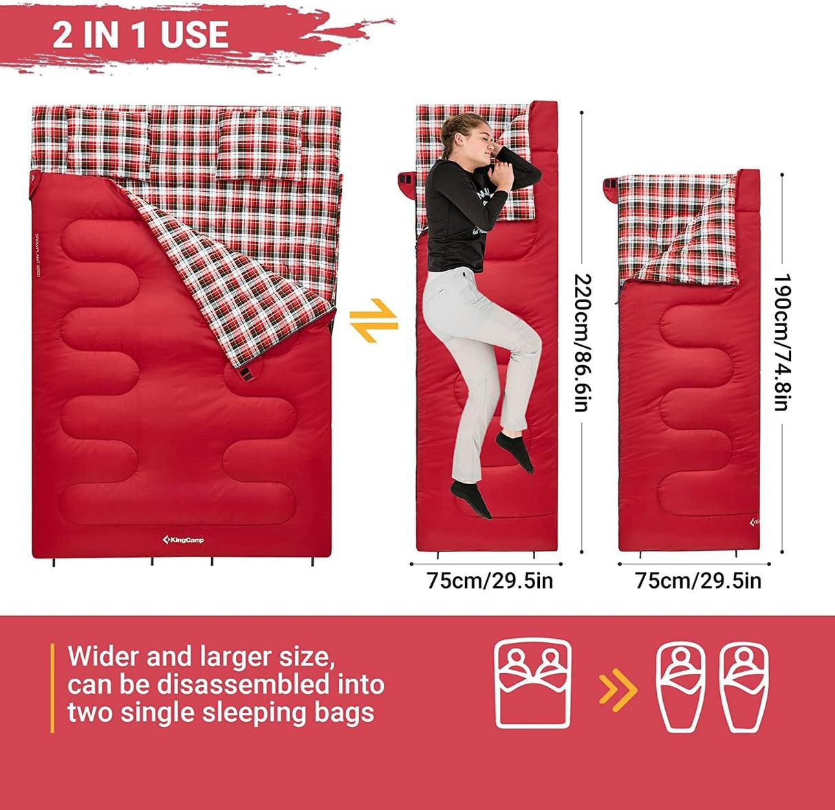 Saco de dormir doble de 20 grados para 2 personas rojo