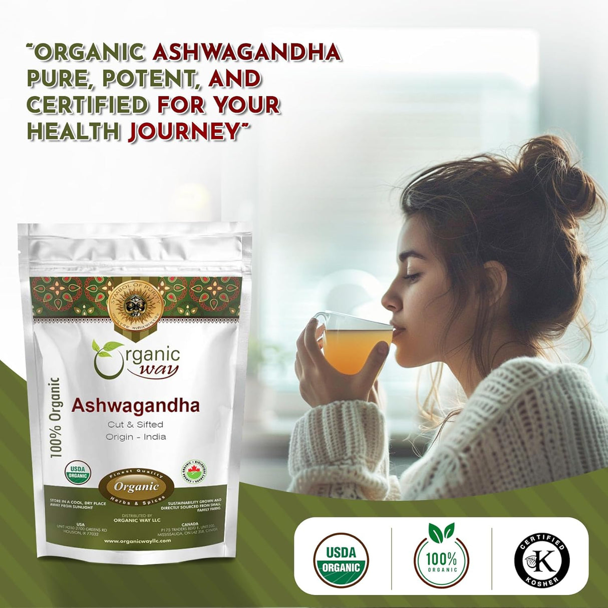 Raíz de Ashwagandha Orgánica - Organic Way | 1/2 LBS, Vegan