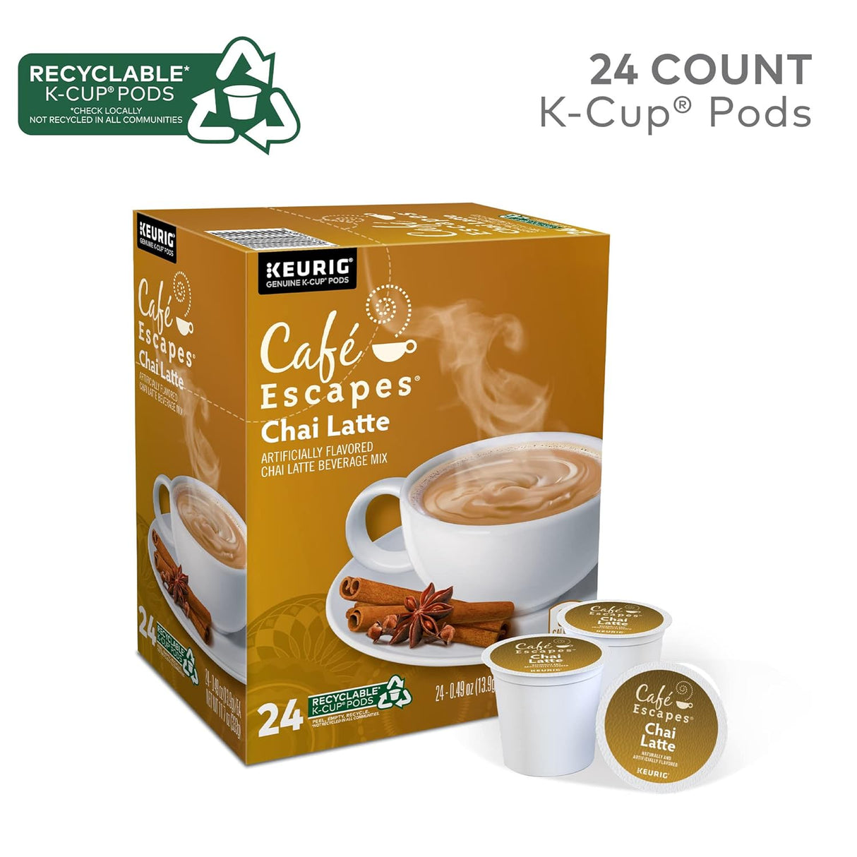 Café Escapes Chai Latte K-Cup Pods, 24 Unidades, Sabor Suave