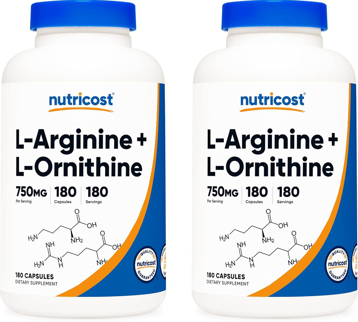 Nutricost L-Arginina y L-Ornitina 750mg 180 Cápsulas x2