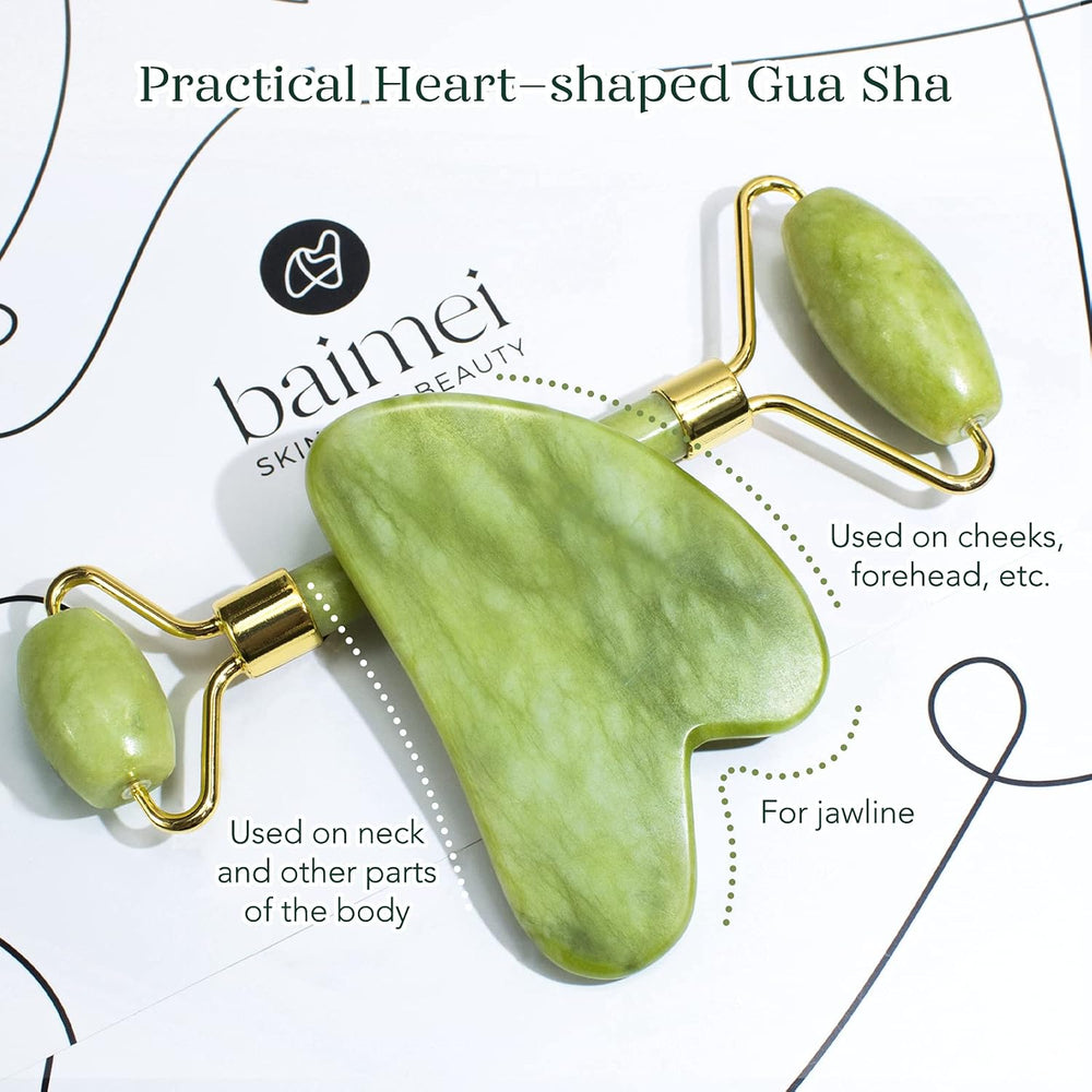 Juego de rodillo facial y Gua Sha de jade color verde