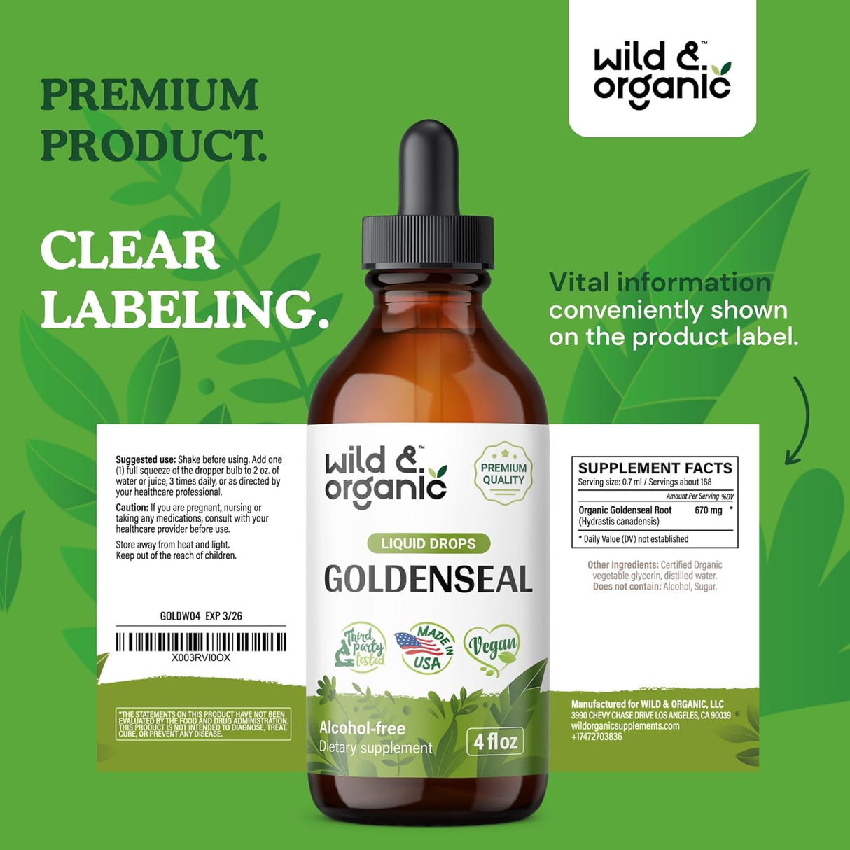 Suplemento Goldenseal Tincture Extracto líquido orgánico 4oz