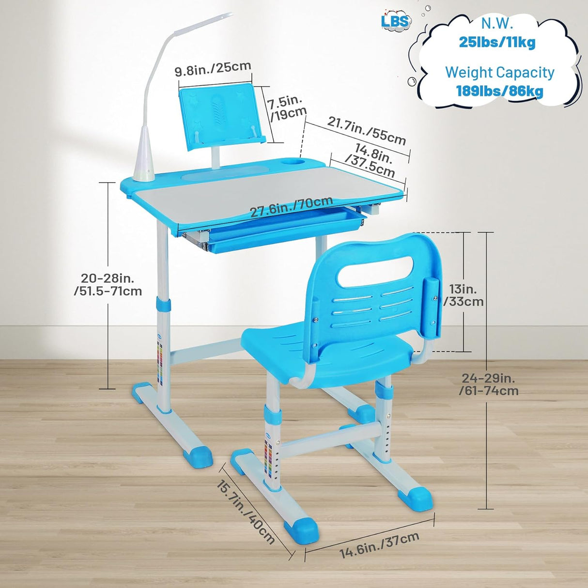 Escritorio y Silla Ajustables para Niños con Luz LED y Cajón