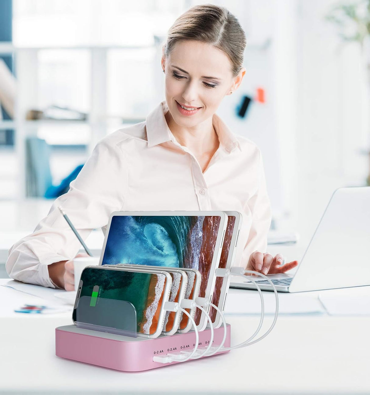 Cargador o Base de estación de carga USB de 5 puertos rosado