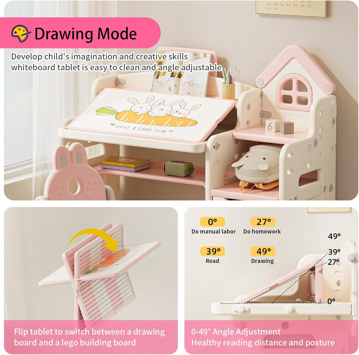 UNICOO Escritorio multifuncional 3 en 1 para niños rosado