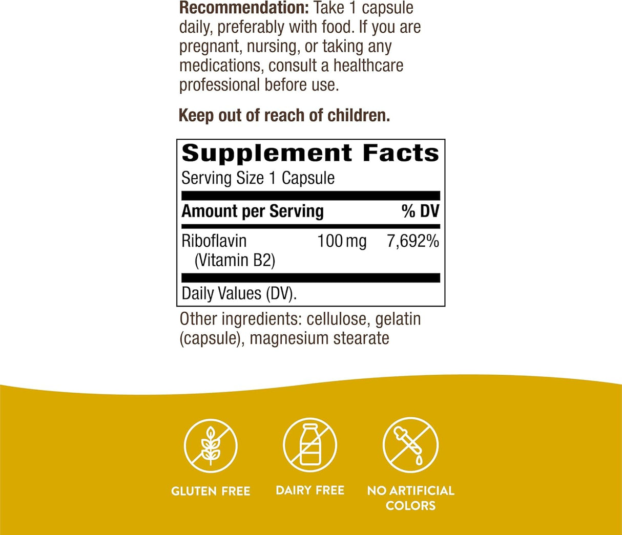 Suplemento Riboflavina Vitamina B2 100 mg 100 Cápsulas