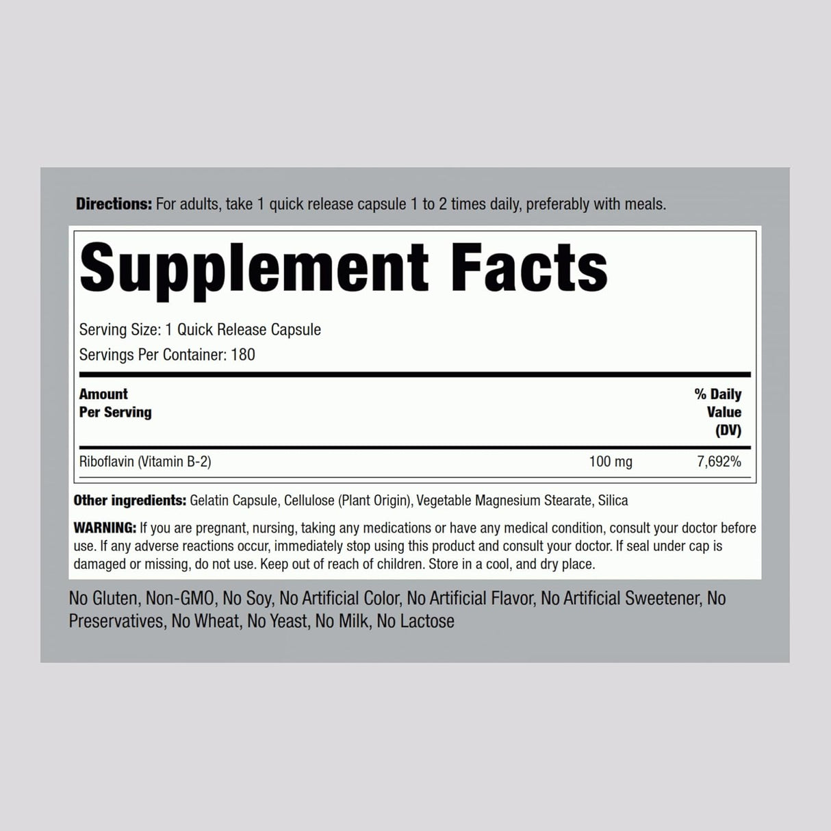 Vitamin B2 Piping Rock 100mg 180 Cápsulas Vegetarianas