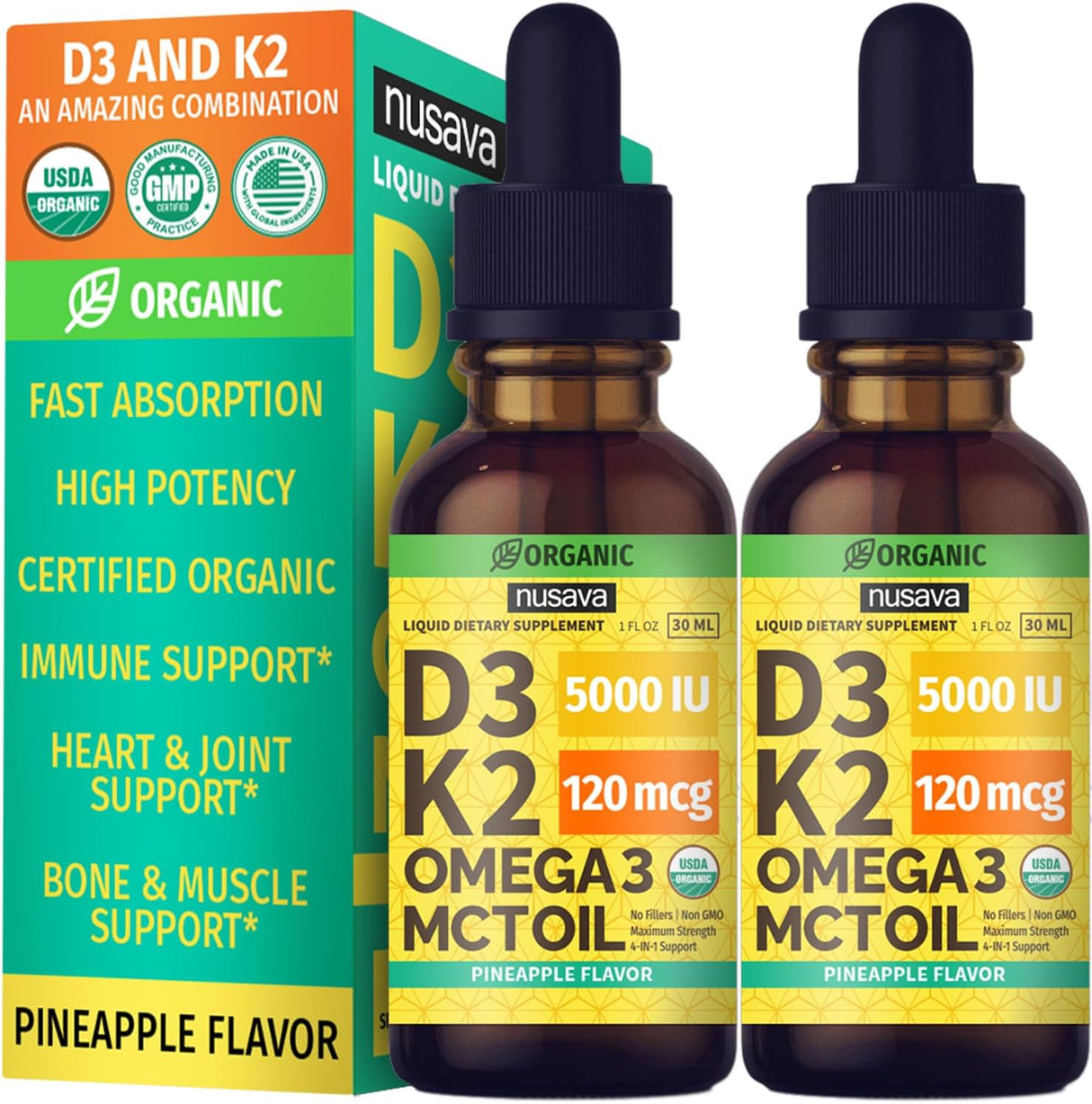 Gotas de Vitamina D3 K2 Orgánica, 5000 IU, 2 Pack, MCT Oil