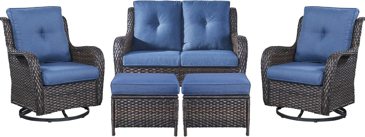 Belord Juego de muebles de patio al aire libre de 5 piezas, muebles de mimbre para conversación, sillas mecedoras giratorias para exteriores con sofá biplaza y 2 otomanas para espacios pequeños, cojín azul