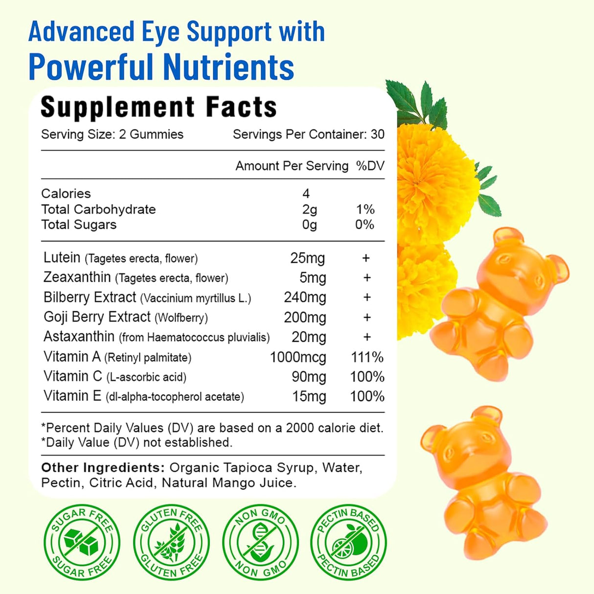 Gummies de vitaminas para ojos, sin azúcar, con luteína y zeaxantina, 120 cápsulas