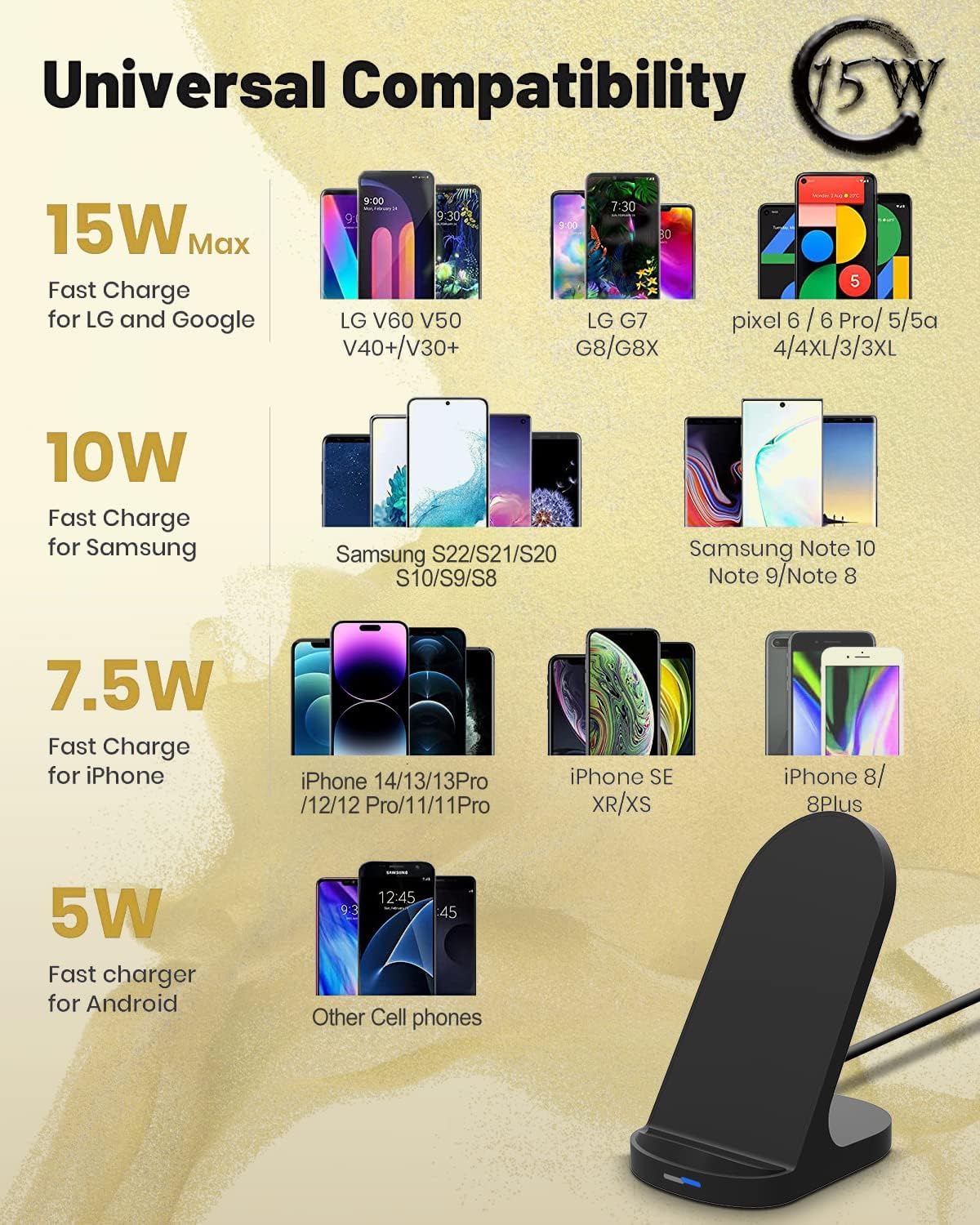 Cargador inalámbrico rápido de 15 W compatible negro