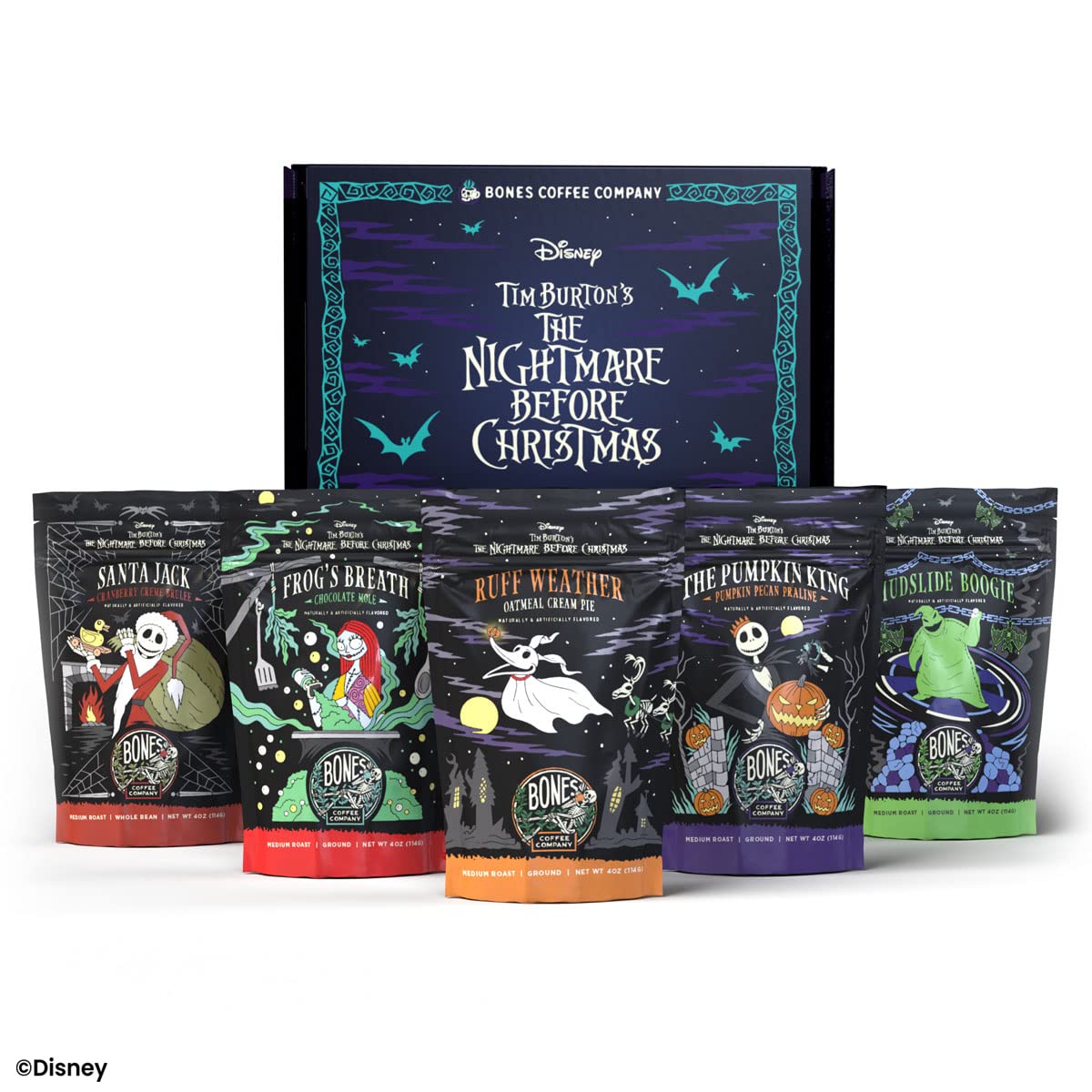 Bones Coffee Company Disney Tim Burton's The Nightmare Before Christmas - Caja de café molido en grano de café molido | Paquete de muestra de 4 onzas, 5 regalos de café gourmet con sabor gourmet bajo