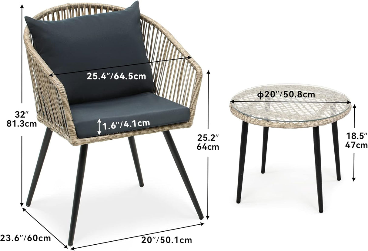 YITAHOME Juego de 3 muebles de mimbre para patio al aire libre, sillas de conversación de ratán para todo tipo de clima, para patio trasero, balcón y terraza con cojines suaves, mesa auxiliar de cristal, ratán gris