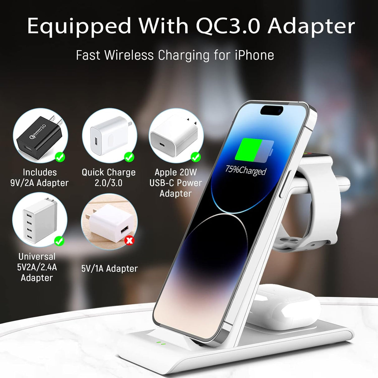 Cargador inalámbrica 3 en 1 de carga rápida blanco