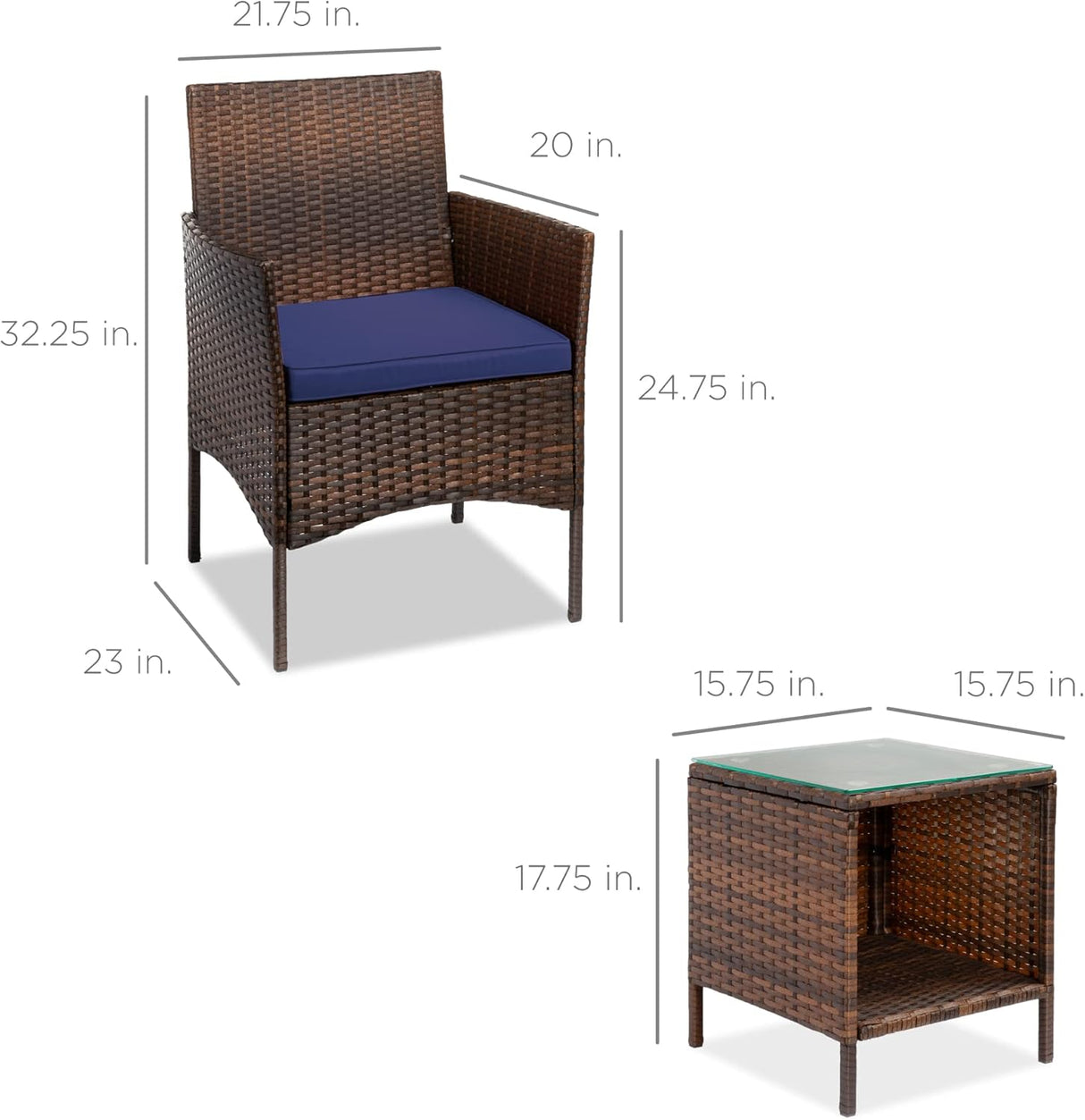 Best Choice Products Juego de 3 piezas de mimbre para exteriores, muebles de patio que ahorran espacio para patio, jardín con 2 sillas, 2 cojines, mesa de almacenamiento lateral, color marrón/azul marino