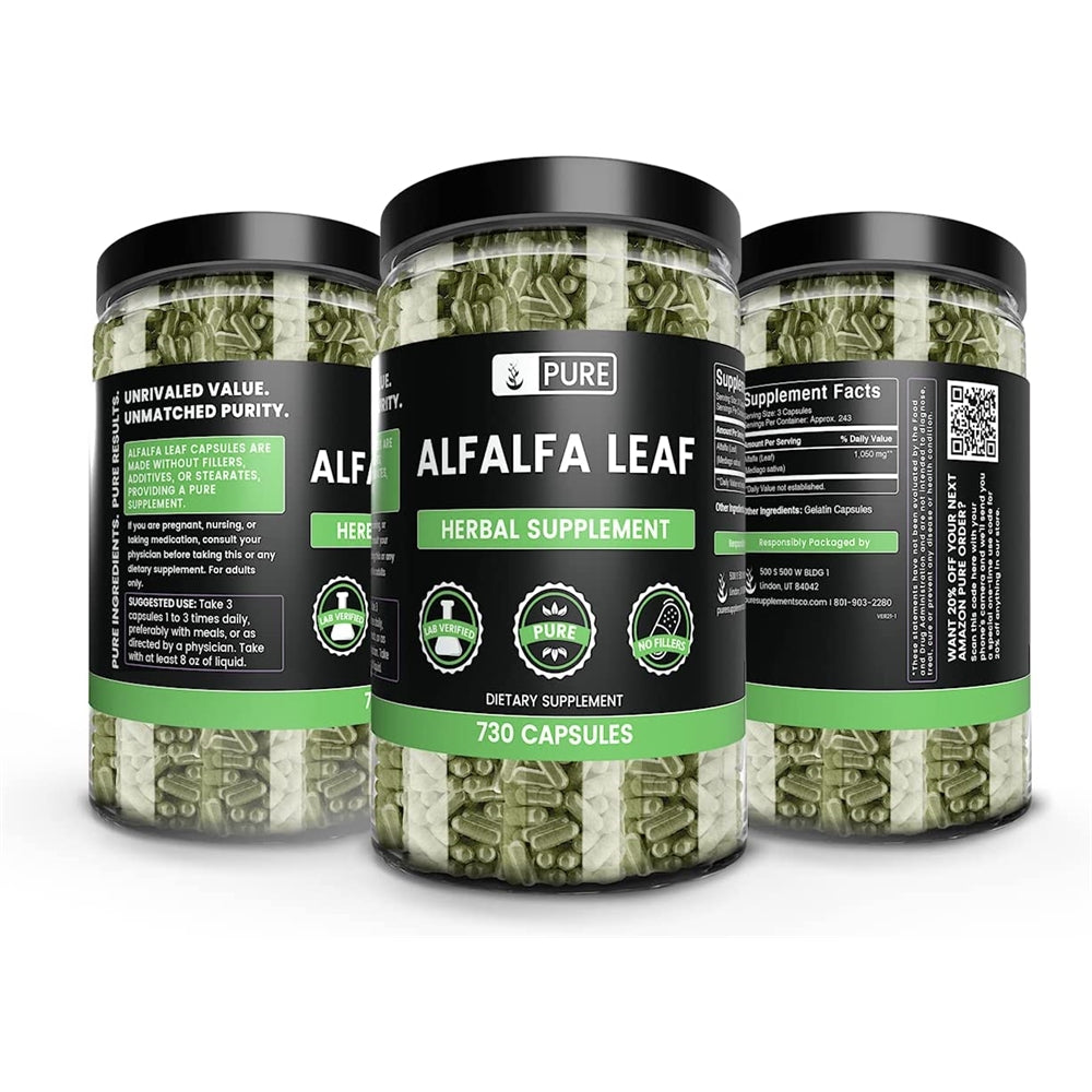 Hoja de alfalfa natural 100% pura sin estearatos ni rellenos