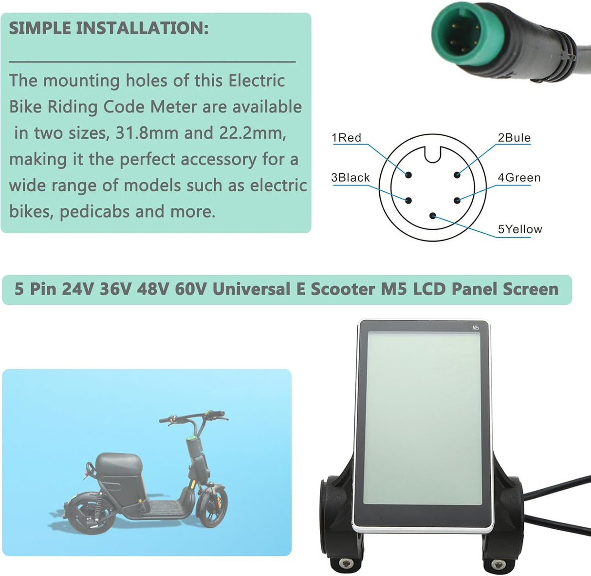 Panel LCD para Bicicleta Eléctrica, Universal 24V-60V, M5