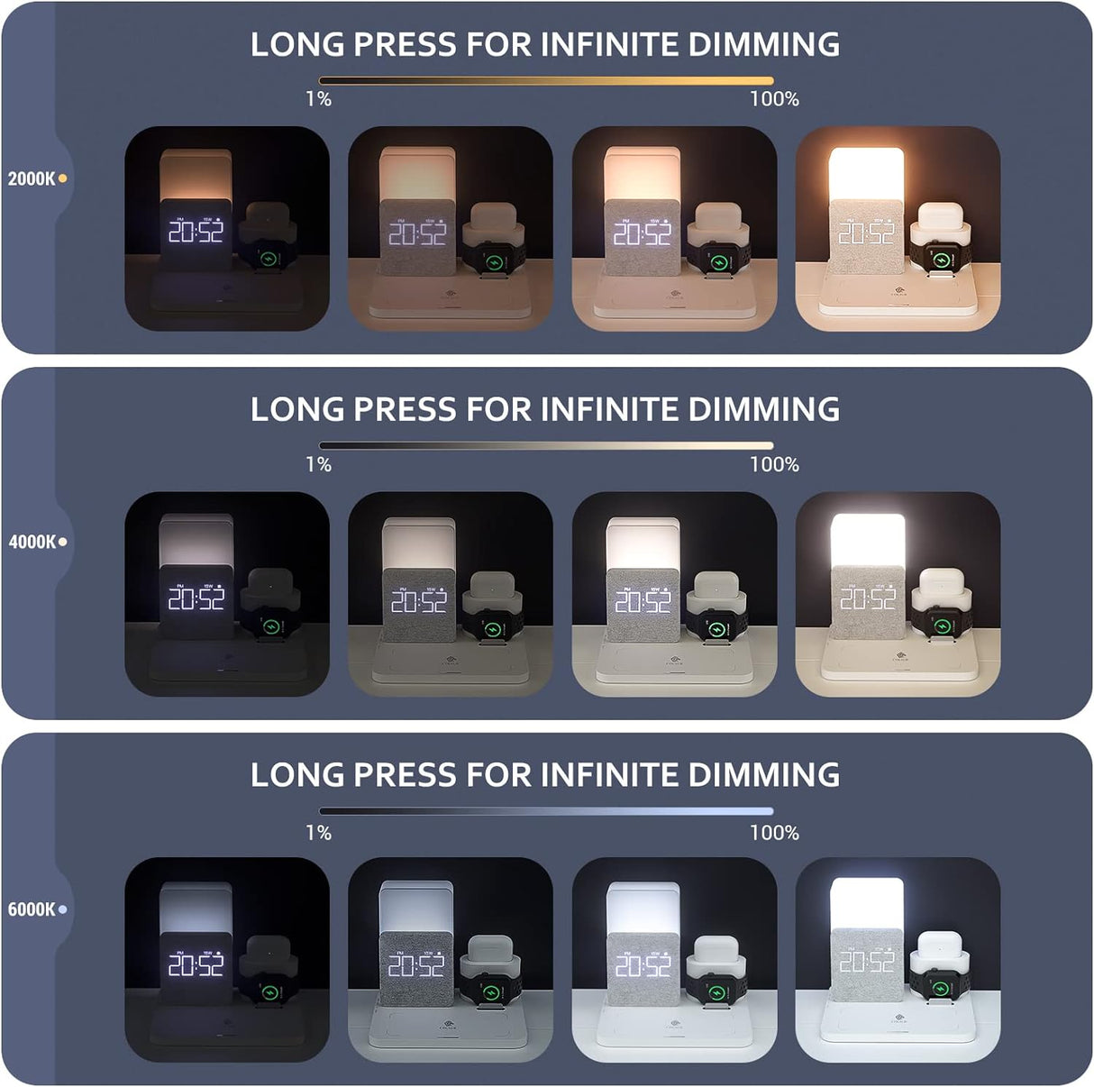 Cargador inalámbrico 3 en 1 para celulares con reloj