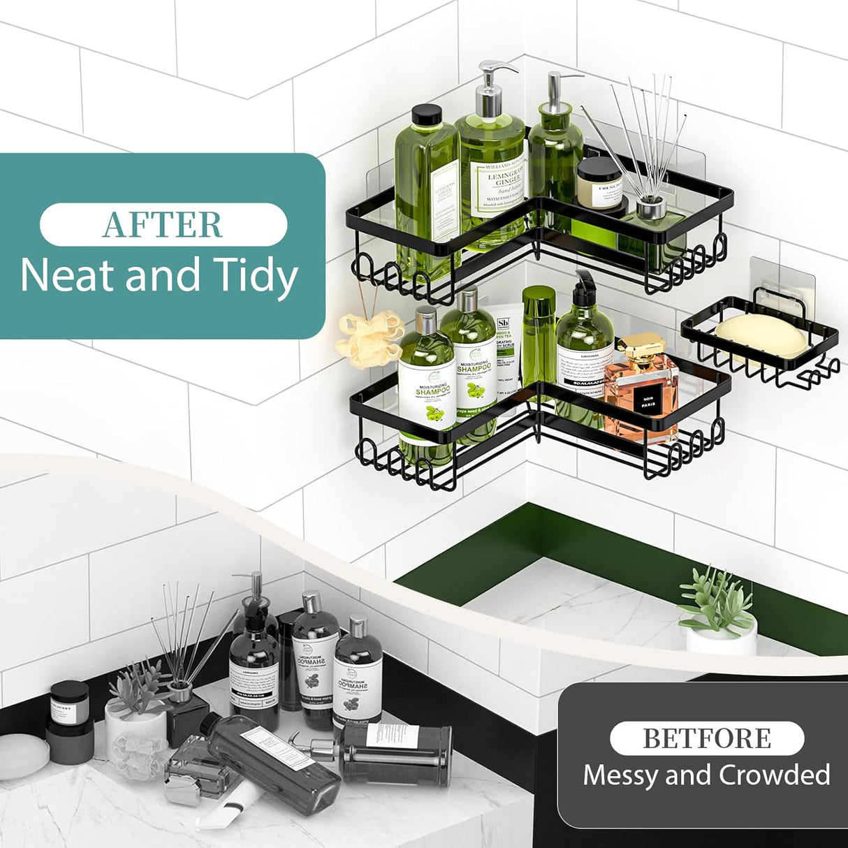 Caddy de ducha StorageRight, estante adhesivo 3 en 1 sin taladro