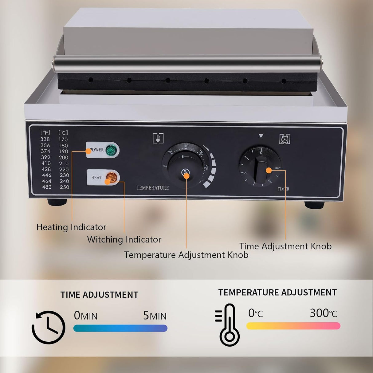 Máquina de Waffles 6 PCS, 1500W, Control Temp 50-300℃, 110V