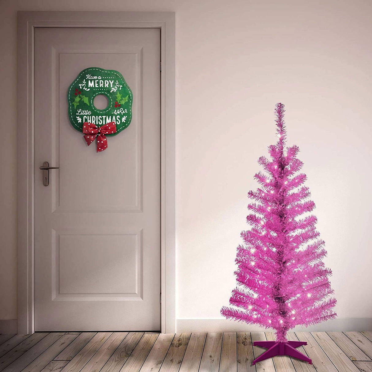 Árbol de Navidad Artificial Preiluminado, Tinsel Rosa, 4 pies