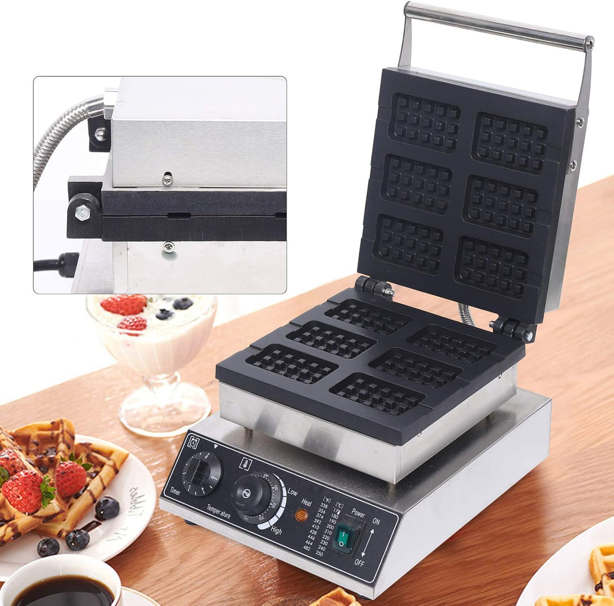 Máquina de Waffles Comercial 1500W 6 Piezas Control de Temperatura