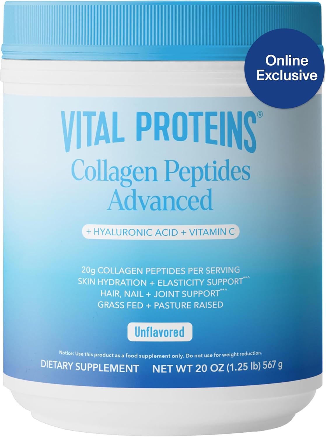 Colágeno en polvo Vital Proteins, péptidos, 20 oz, ácido hialurónico