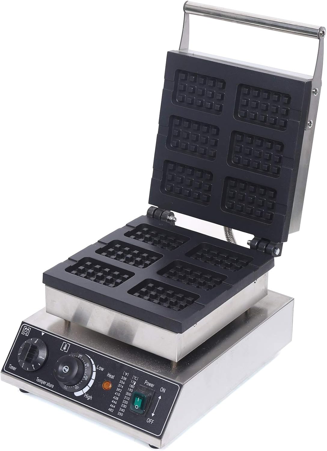 Máquina de Waffles Comercial 1500W 6 Piezas Control de Temperatura