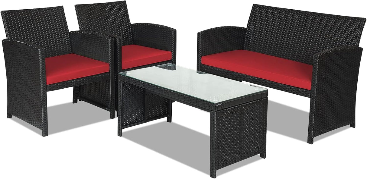 Goplus Juego de muebles de ratán para patio, 4 piezas, juego de sofá y mesa de mimbre para exteriores con cojines suaves y mesa de centro de vidrio templado para balcón, jardín, patio trasero (rojo)