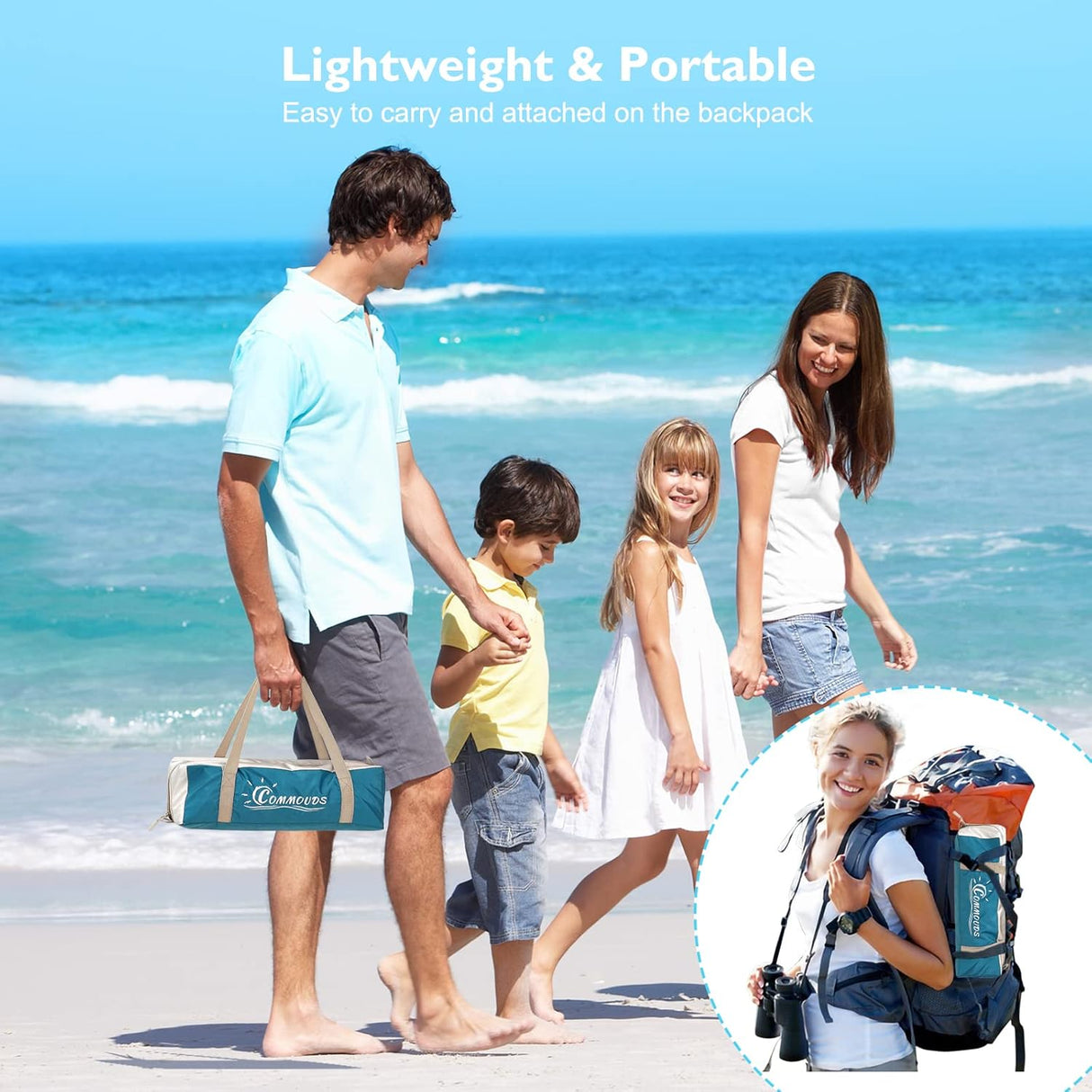 Tienda de playa con protección solar UPF 50+, fácil de llevar