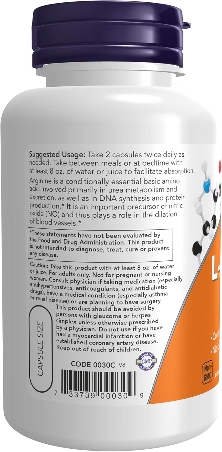 Suplemento L-Arginina 500 mg de NOW Foods, 100 cápsulas veganas