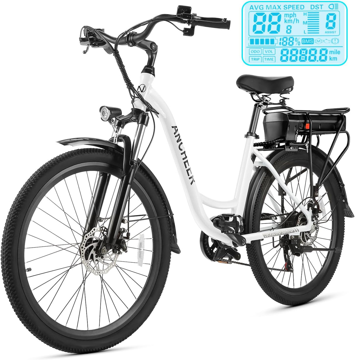 Bicicleta Eléctrica ANCHEER 48V 500Wh, 60 Millas, 7 Velocidades