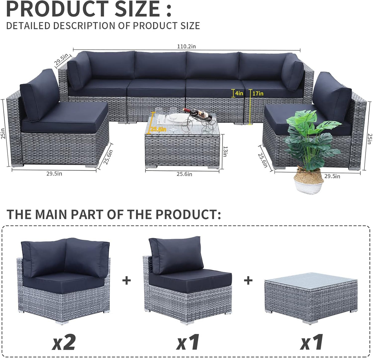 Valita Juego de muebles de mimbre PE para exteriores, 7 piezas, sofá seccional de ratán gris con cojines lavables azul oscuro