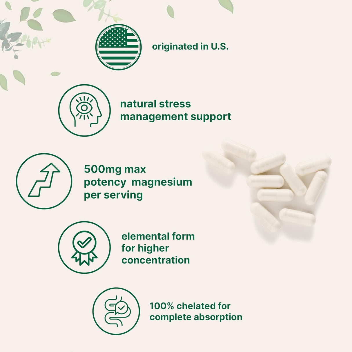 Suplemento Glicinato de magnesio 400 mg con vitamina C 200 u